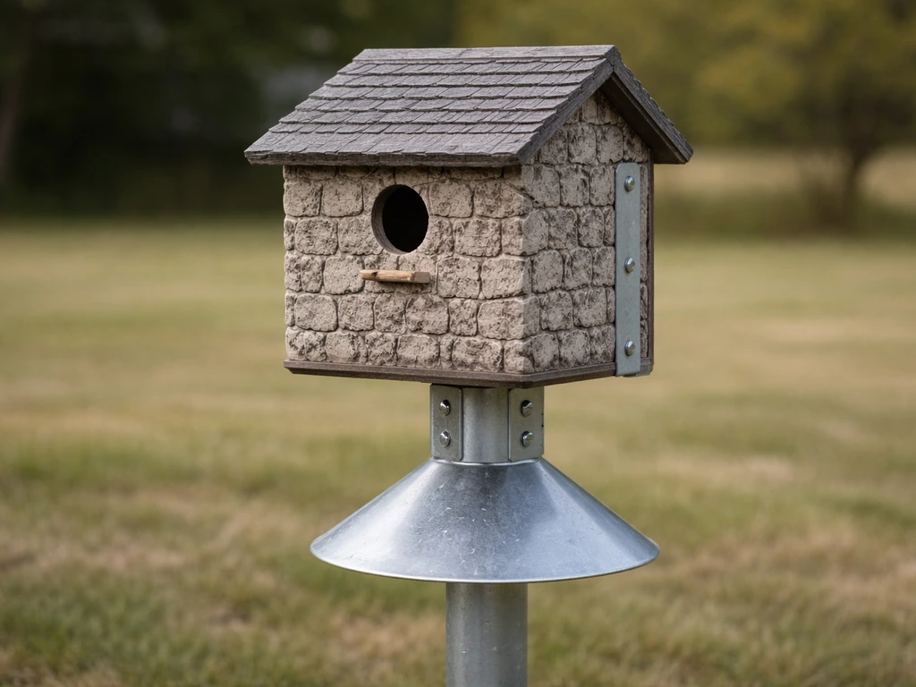 Stone-look bird house mounted on a smooth metal post at correct height with clear open yard backdrop.