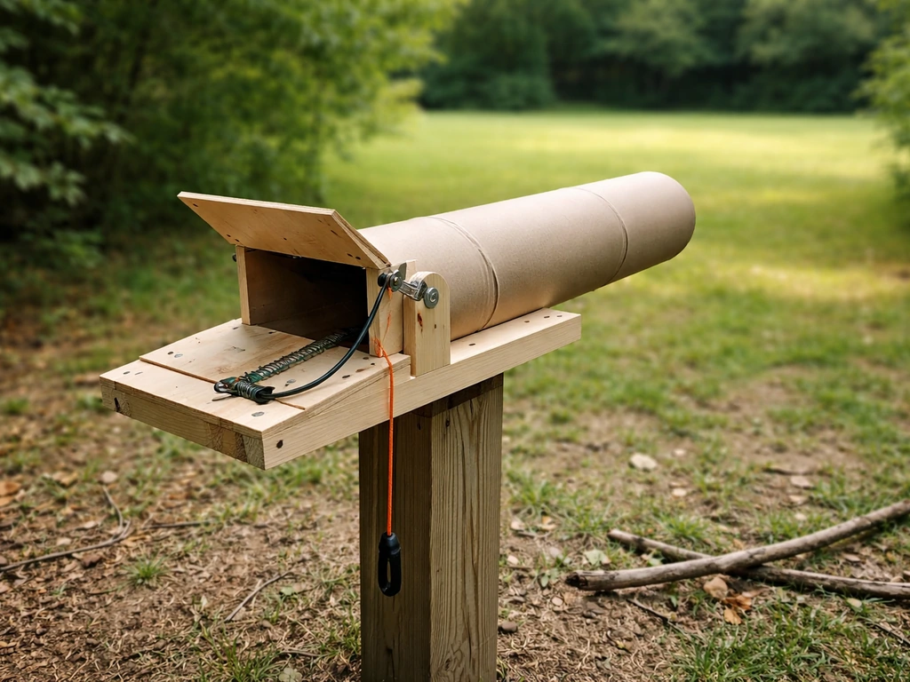 DIY tube-and-flap bird launcher mounted in a backyard, pointing toward open grass for safe enrichment