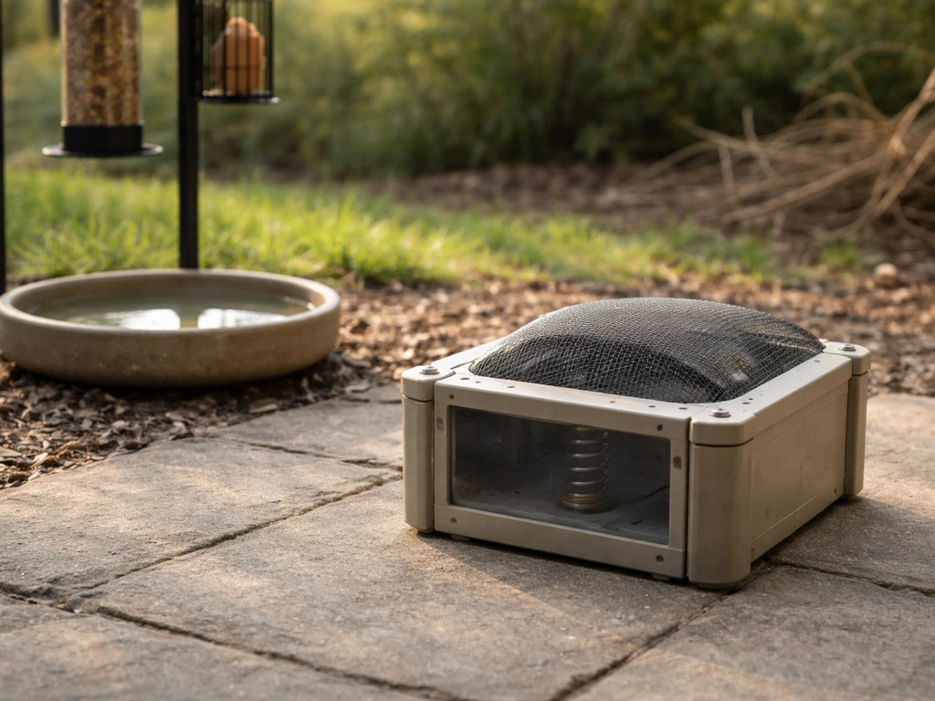 An outdoor backyard enrichment setup with a bird-safe launcher device and a feeder stand in soft daylight