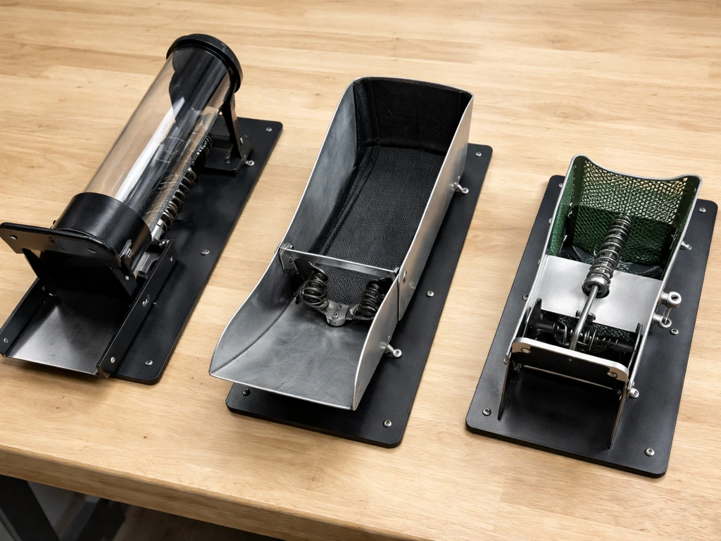 Three small bird-safe launcher designs laid side by side on a clean workbench for comparison
