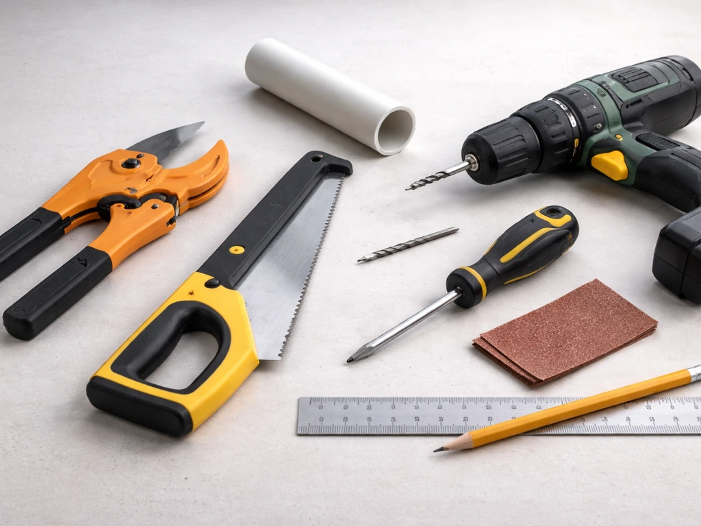 Close-up of DIY tools—PVC cutter, drill with 3mm bit, screwdriver, ruler, pencil, and fine-grit sandpaper—on a bench.