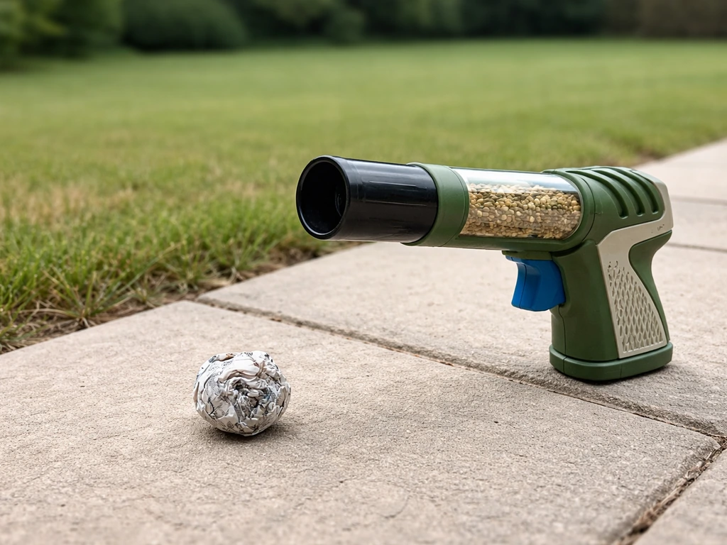 Bird treat launcher pointed into open space with a crumpled newspaper ball as a safe dry-test stand-in.