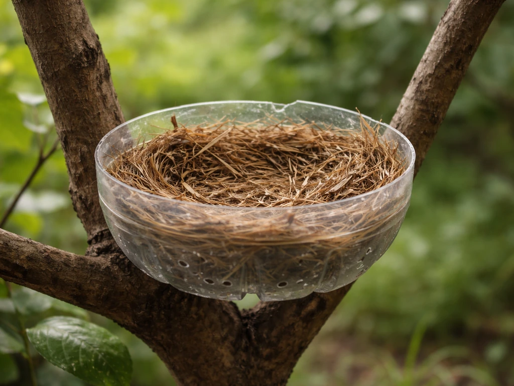 Shallow DIY bird nest made from a plastic bottle with drainage holes in a tree branch garden setting.