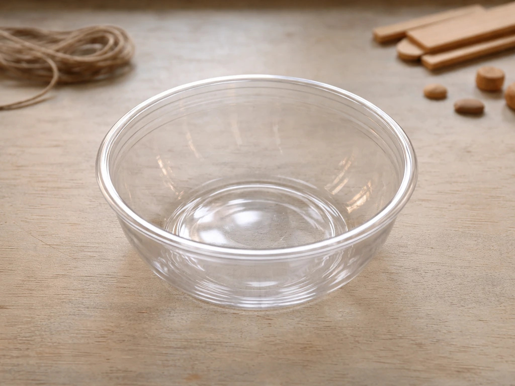 Top-down close-up of a bowl-shaped plastic-bottle open-cup nest support on a work surface.