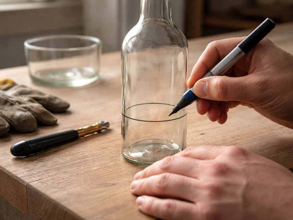 Hands mark a bottle cut line and begin trimming it into a shallow bowl on a workbench.