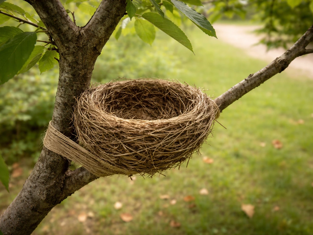 Bird nest cup correctly mounted on a tree branch with the opening sheltered from wind and rain.