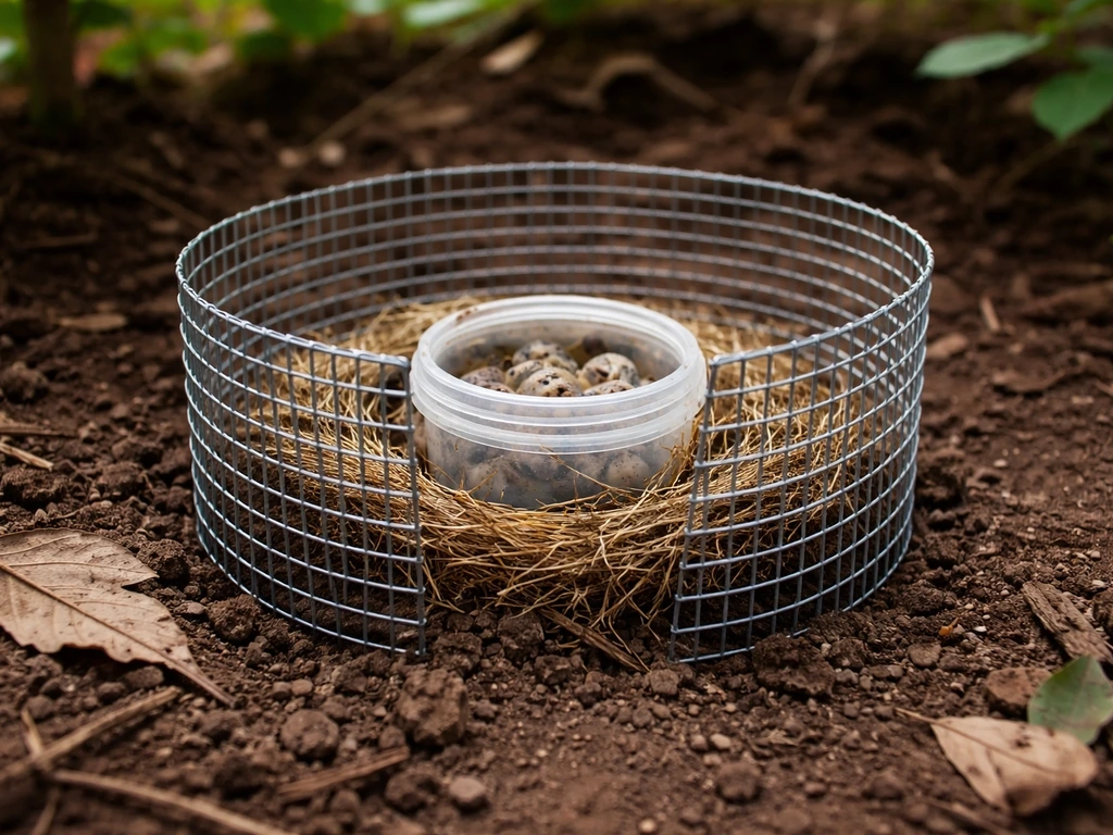 Bottle nest cup on soil with a flexible wire mesh predator guard installed around it.