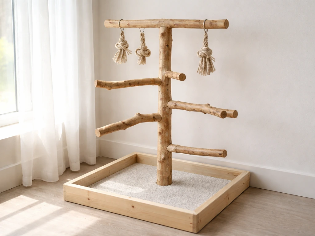 Bright indoor corner with a mounted DIY bird play gym featuring natural wood perches and rope toys.