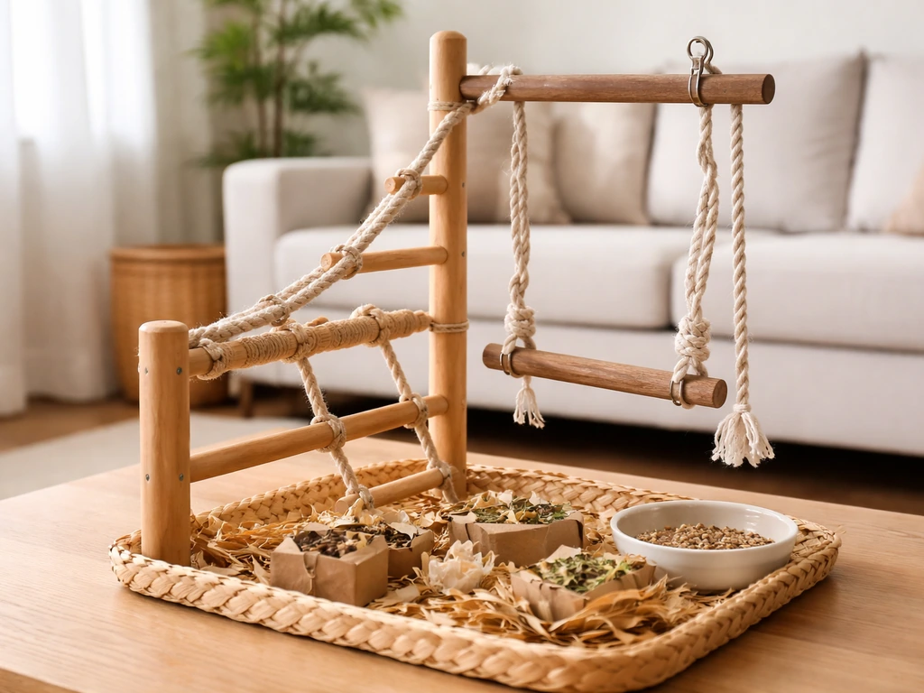 Indoor bird play gym with perches, rope swing, and natural foraging materials, no bird present.