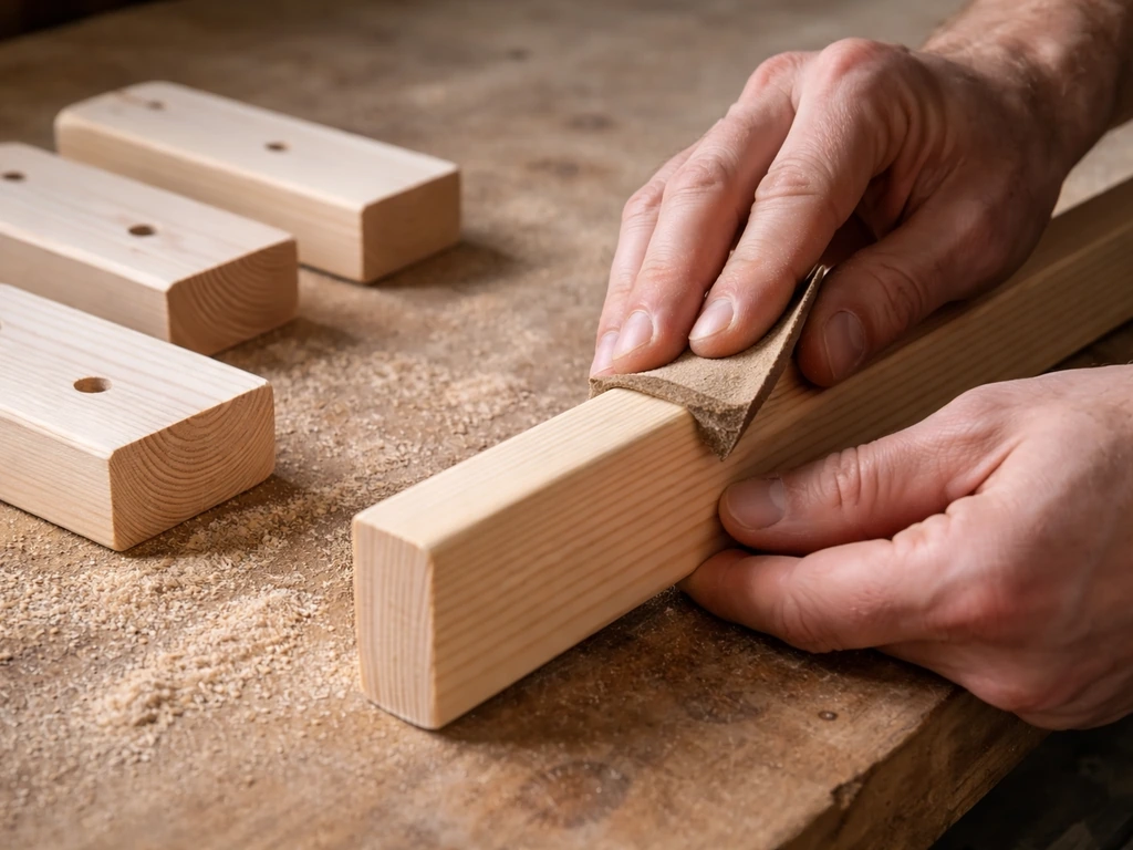 Person sanding untreated pine board and small perch pieces for a parrot-safe wooden frame