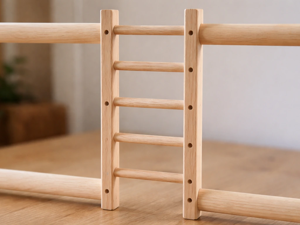 Close-up of a DIY wooden ladder with dowel rungs drilled between two bird perch frames.