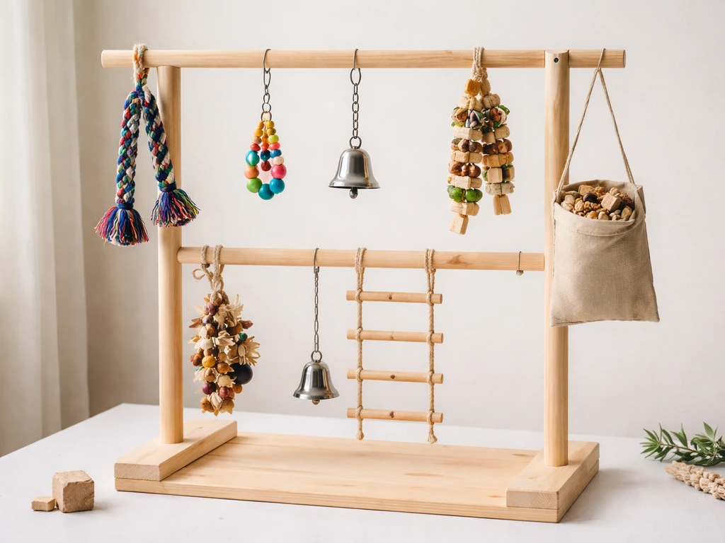 Bird gym frame with multiple hanging toys, bells, and a foraging pouch at different heights.