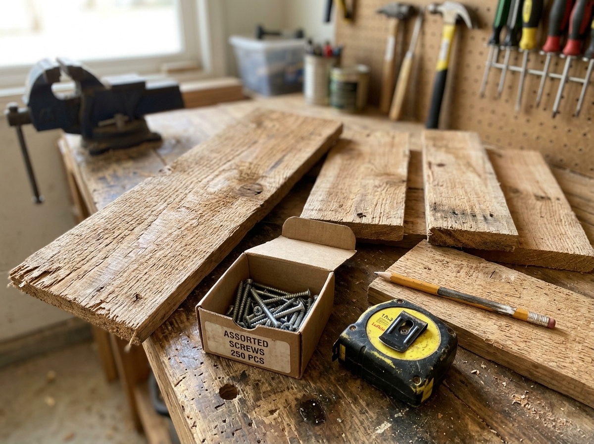 Cheap, untreated wood pieces and basic supplies laid out for building bird houses.