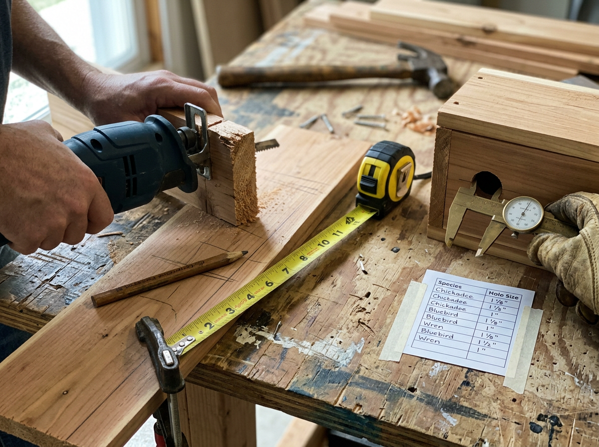 Cutting and measuring cedar panels to prepare parts for a bird house.