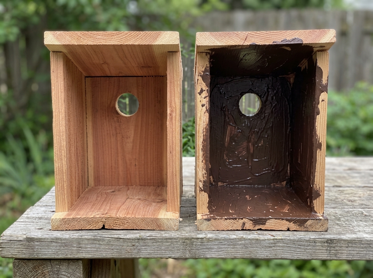 Correct vs incorrect finishing: raw interior wood versus painted interior.