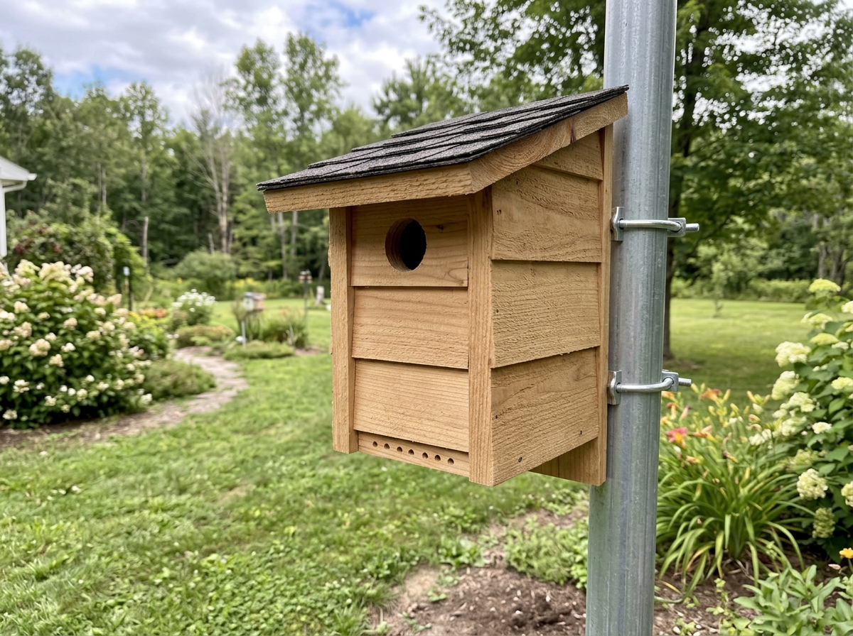 Bird house mounted on a metal/PVC post with drainage and airflow visible.