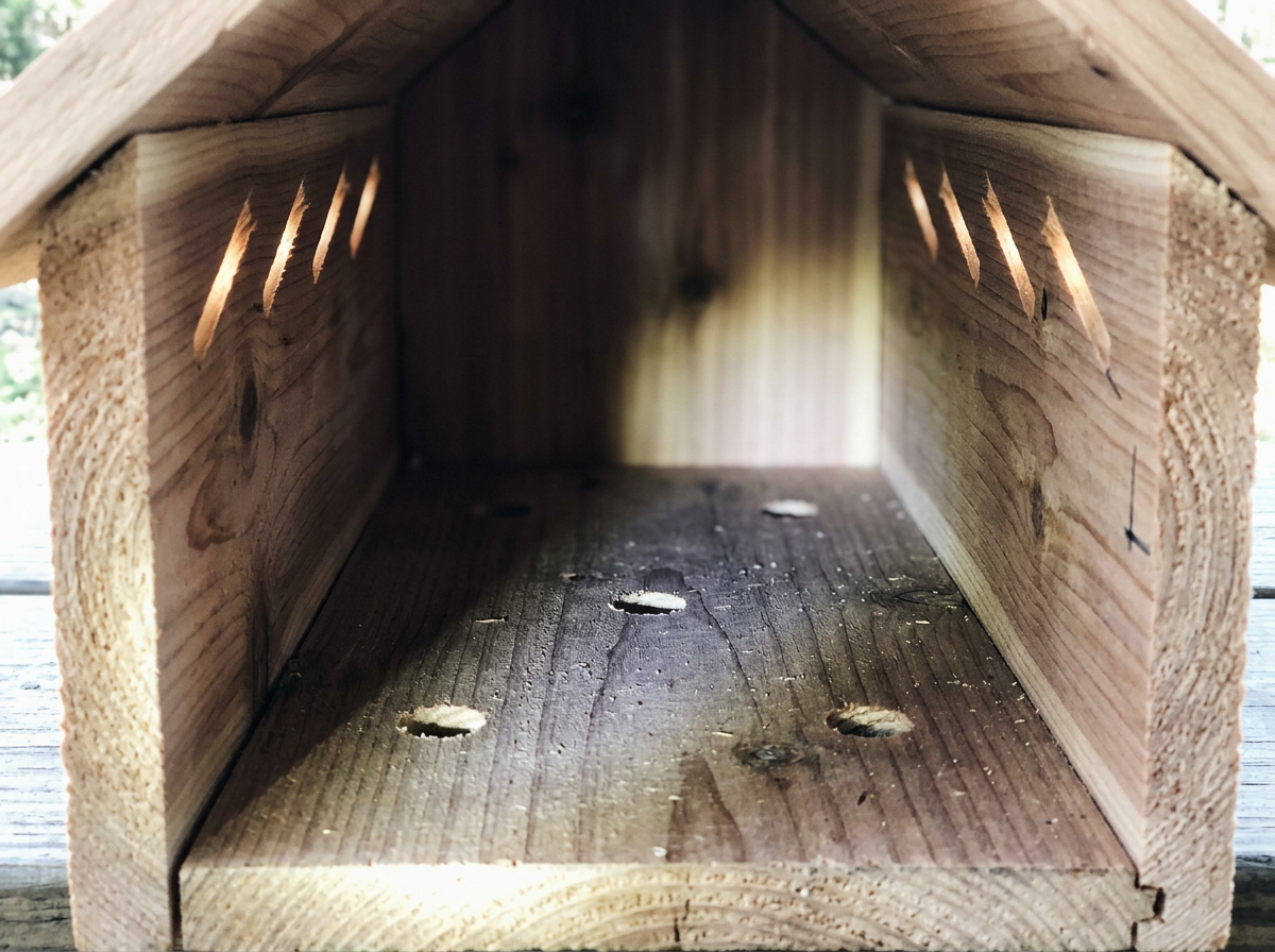Drainage and ventilation holes drilled correctly inside a bird house.