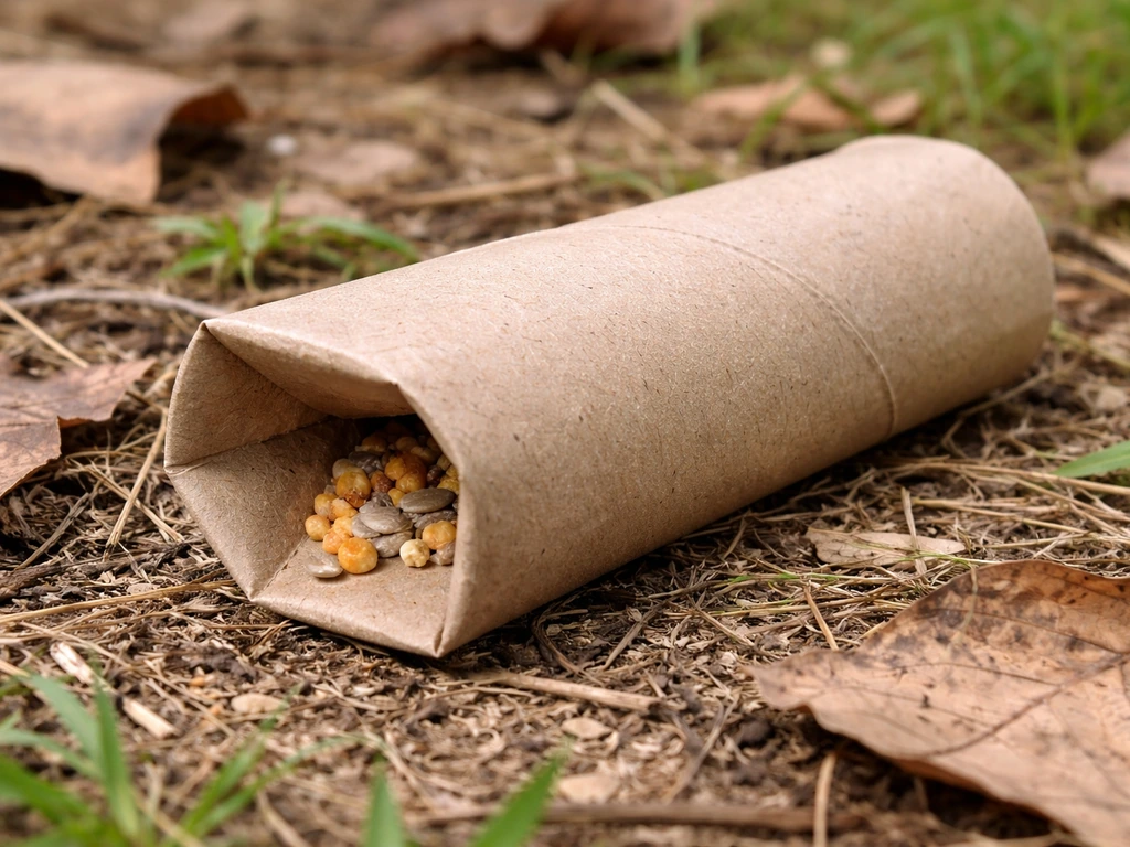 Plain cardboard paper tube forager with folded ends and bird treats visible at the open end.