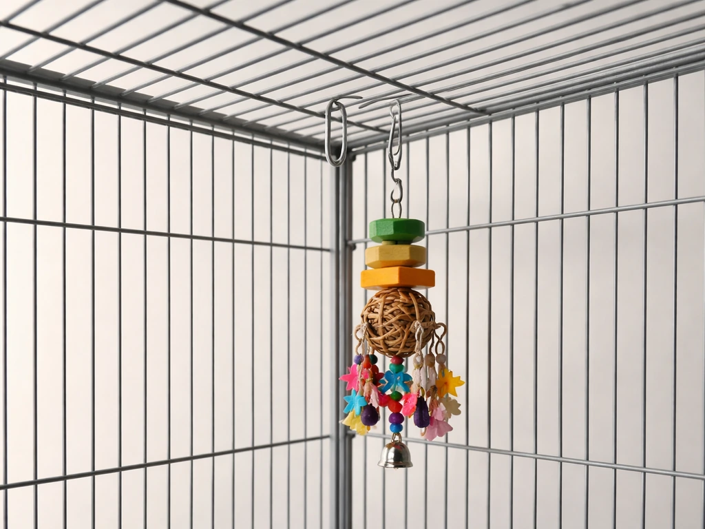 Stainless quick-links attach a toy at the top corner inside a wire bird cage.