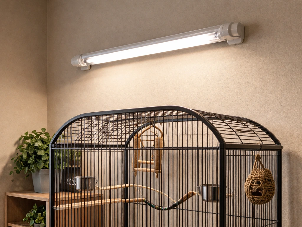 Full-spectrum UV lamp fixture mounted above a simple indoor bird area with neutral background.