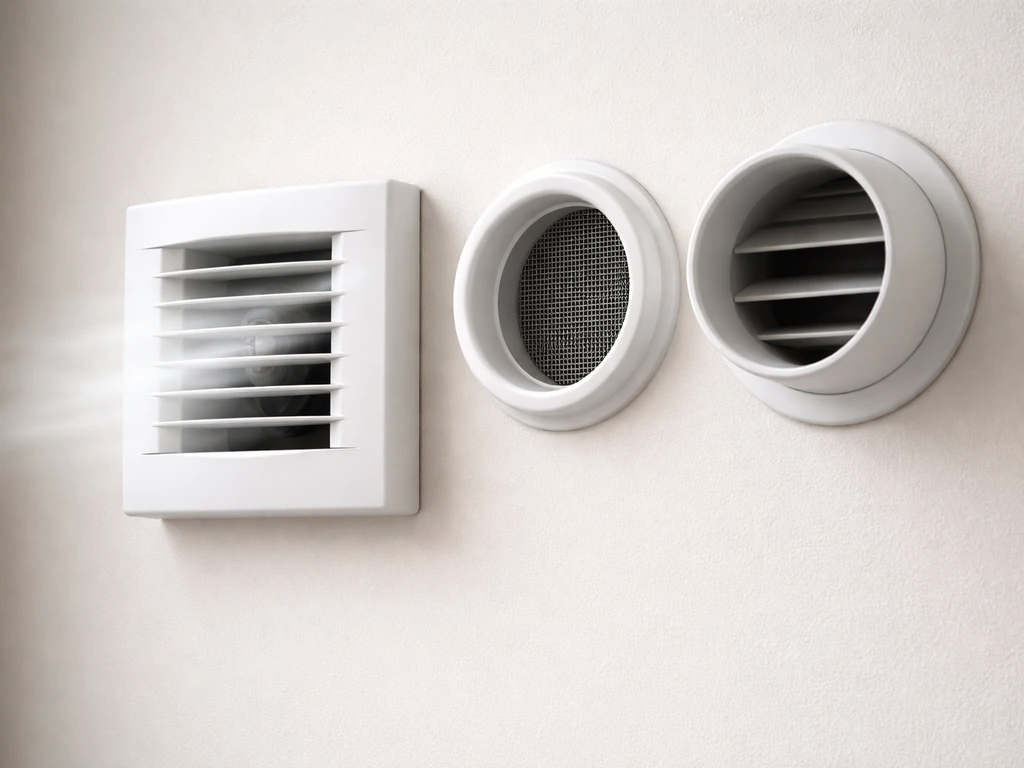 Close-up of an HVAC vent fan and duct intake/exhaust arrangement controlling airflow.