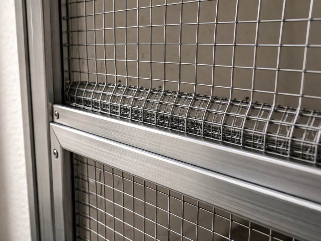 Closeup of wire mesh secured to an enclosure frame, showing tight bar spacing at an opening.