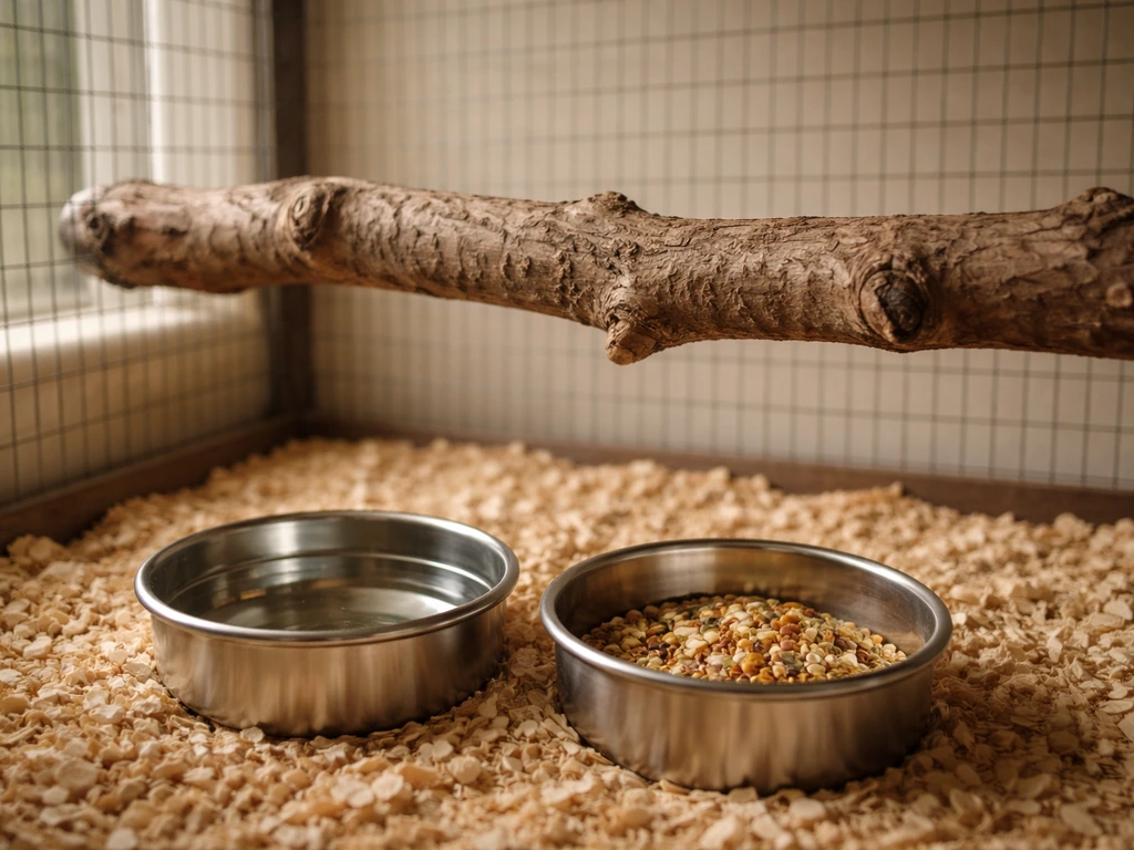 Natural branch perch inside a clean bird enclosure with securely mounted stainless food and water dishes.
