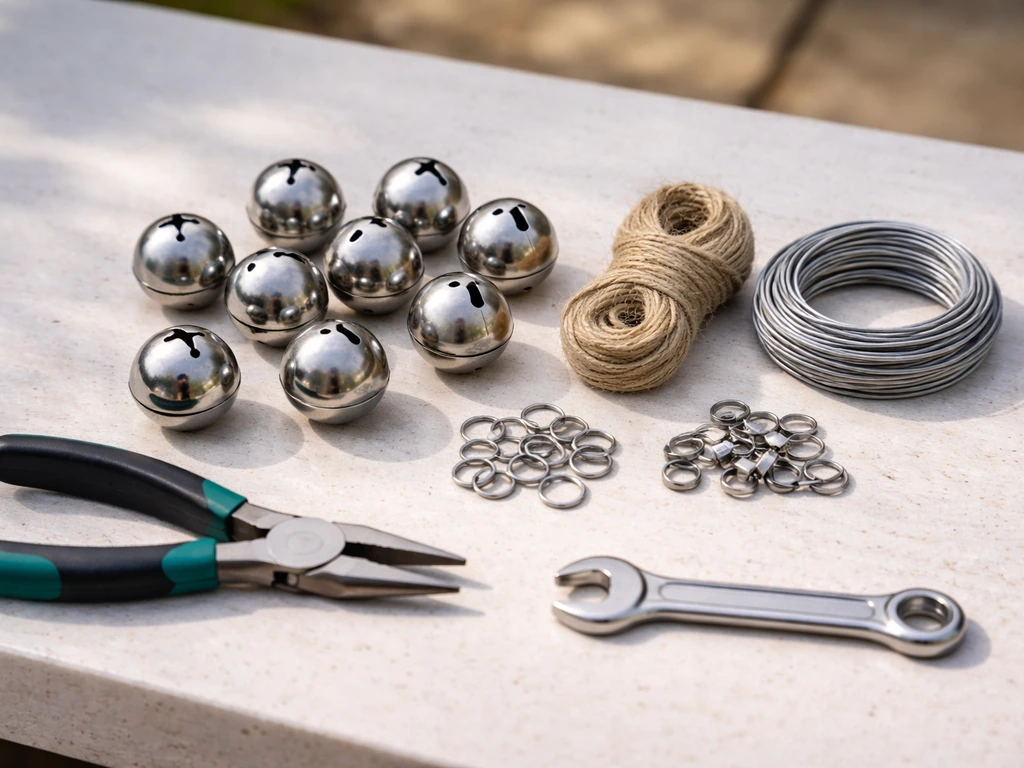 Neatly arranged stainless jingle bells, hardware, weatherproof twine, and simple hand tools on a workbench.