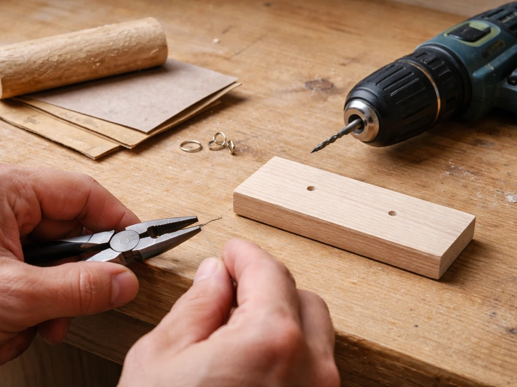 Hands assembling a small wooden perch and bell hangers with needle-nose pliers and a drill bit over pilot holes.