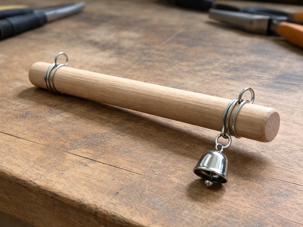 Close-up of a single bird bell under construction with a sanded wooden perch and stainless wire loops.