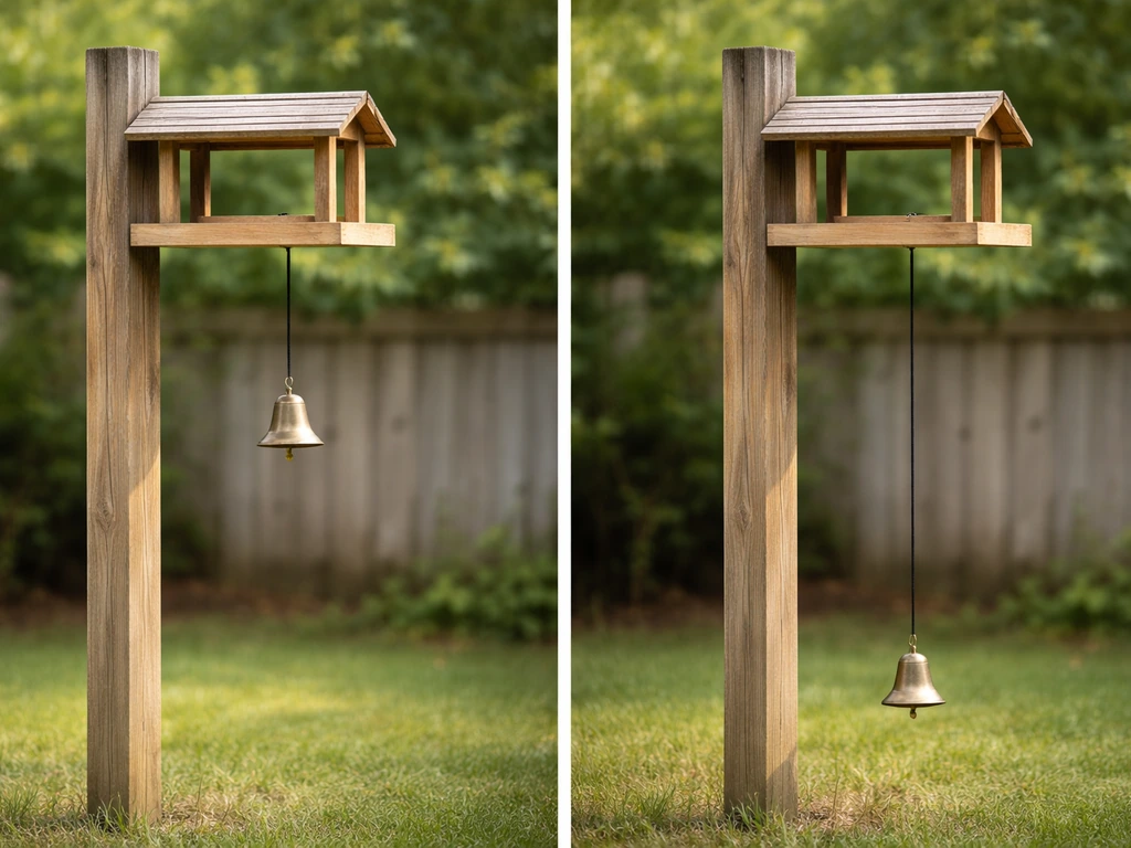 Two simple outdoor scenes: bird bell hung at correct height by a feeder vs. an incorrect placement too low/exposed.