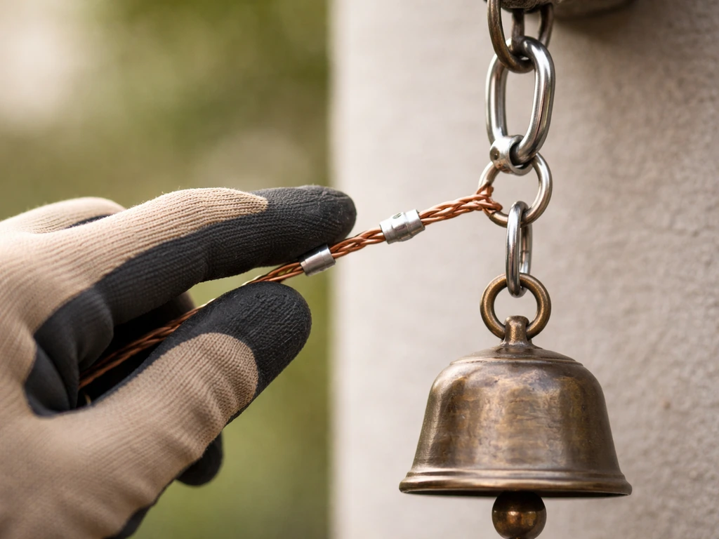 Gloved finger traces wire twists on a stabilized bell-hanging hardware during a safety tug test.