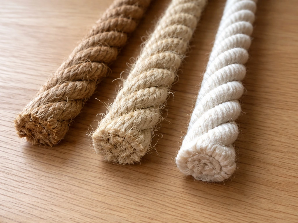Close-up of natural untreated rope fibers (manila/sisal/cotton) arranged for choosing the right diameter.