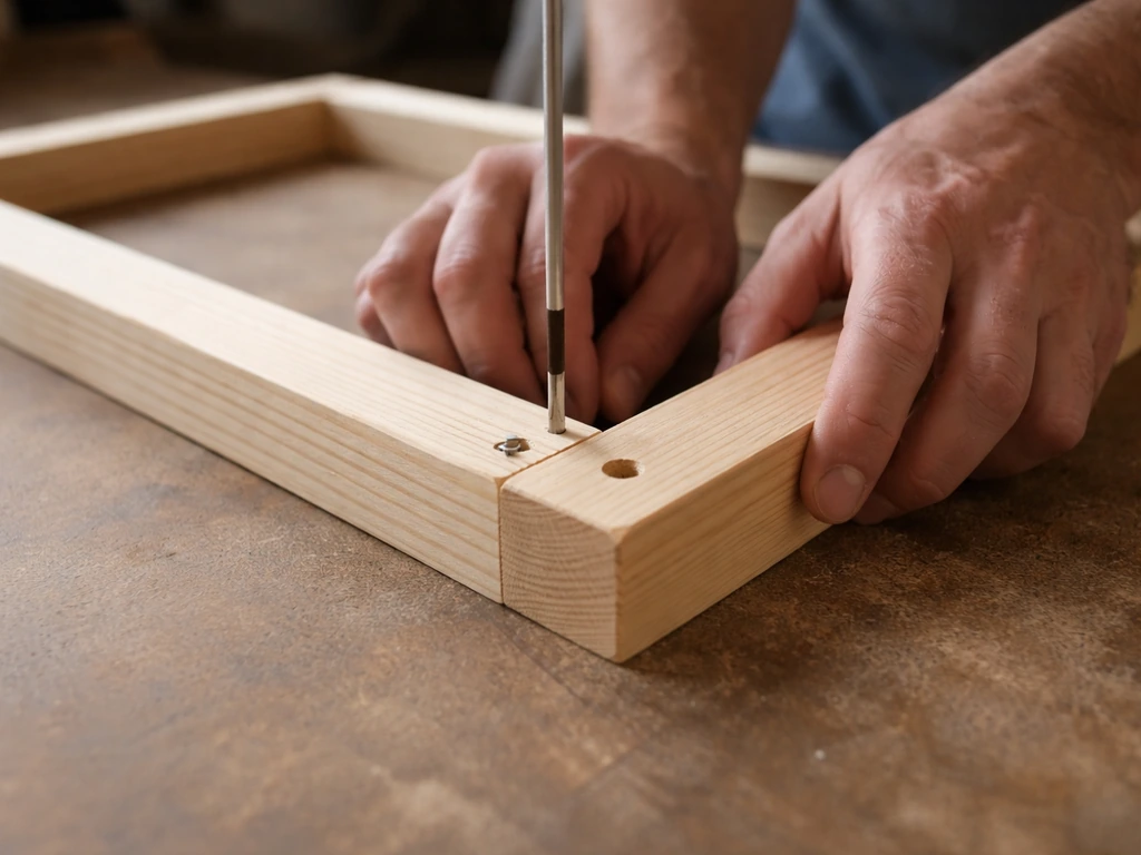 Close-up of a wooden rectangular frame corner with sanded wood and pilot holes, screws being driven.