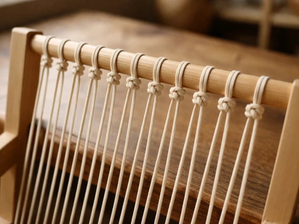 Close-up of a weaving frame with evenly spaced vertical rope strands tied in fixed loops at the top.