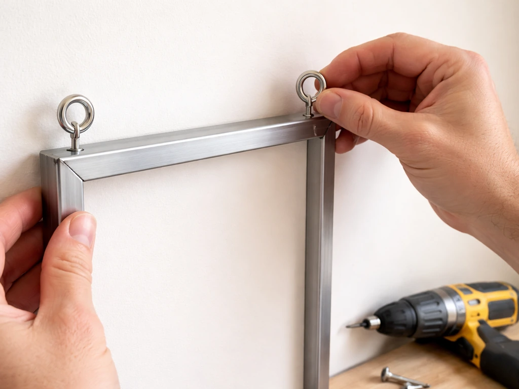 Hands screw stainless steel eye hooks into the corners of a metal frame ready to hang the panel.