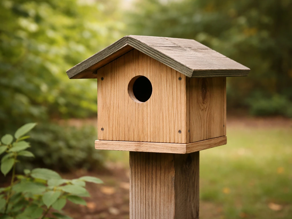 Weatherproof DIY birdhouse shelter mounted in a backyard, entrance hole and roof overhang visible.