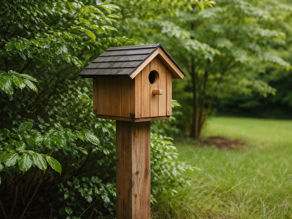 Wooden birdhouse mounted on a post near shrubs and trees, showing shelter placement against wind and rain.