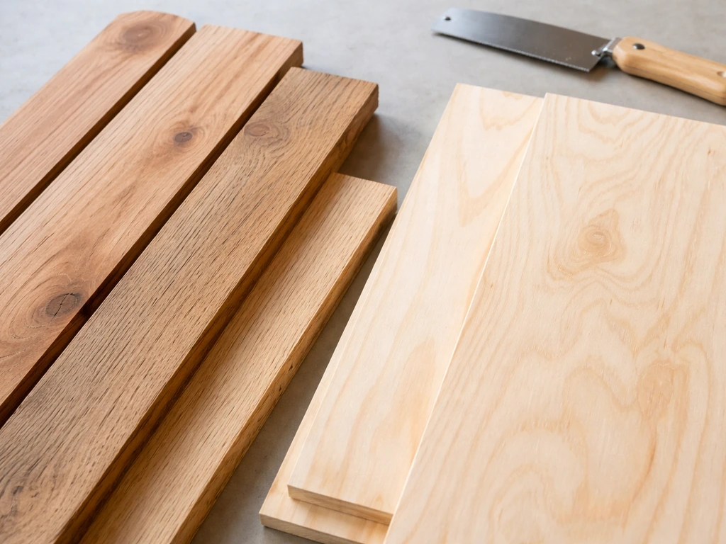 Untreated cedar boards and pine plywood laid on a workbench with simple DIY tools nearby.