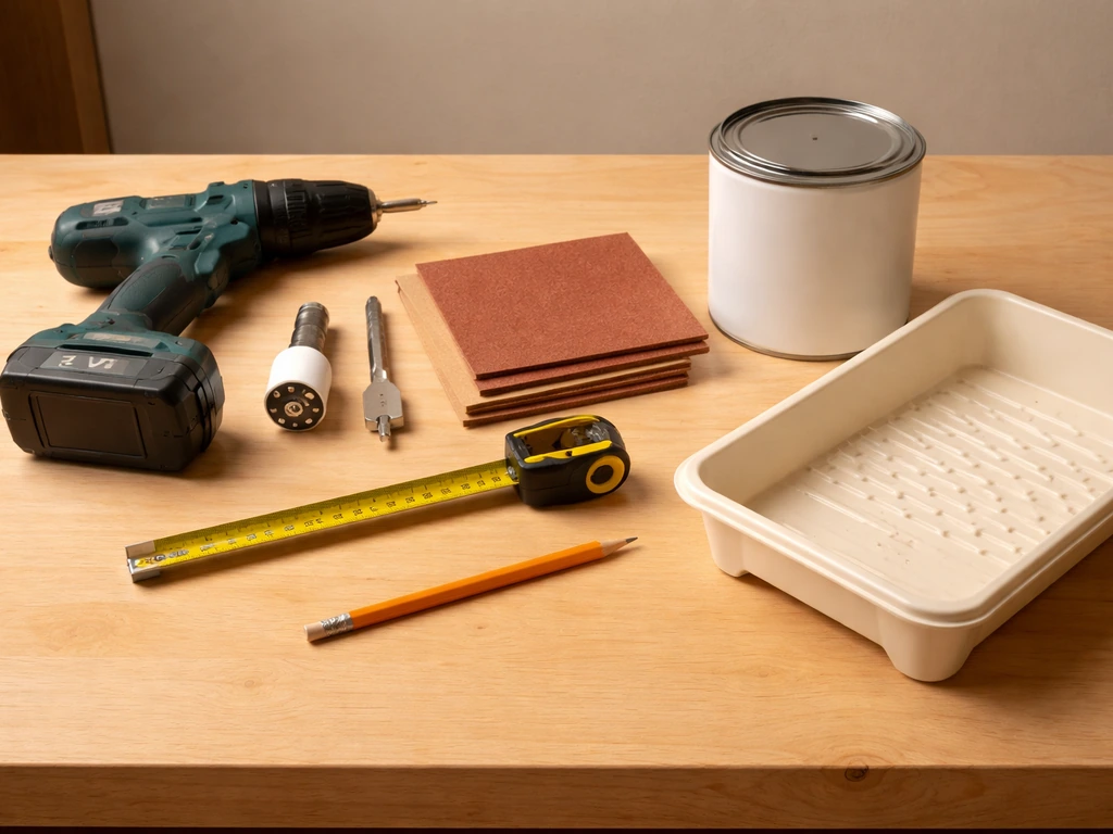 Tools laid out on a workbench: drill, hole saw and spade bit, tape measure, and exterior-only finishing supplies