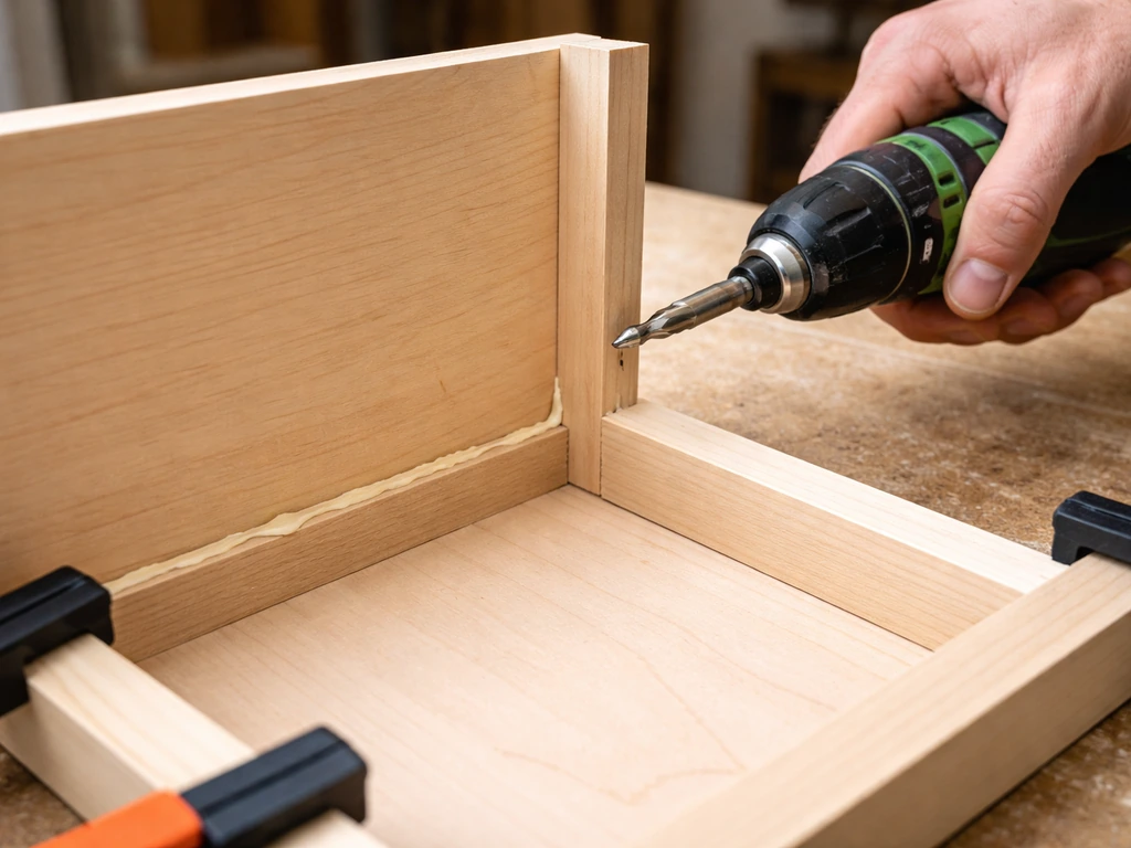 Hands using a drill to fasten and glue wooden panels into a box frame in a workshop.