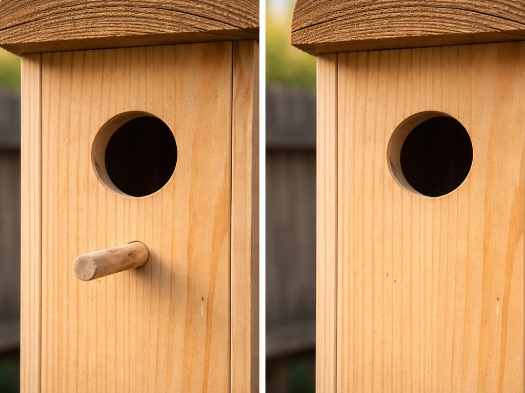 Two DIY birdhouses side by side: one with a dowel perch (unsafe) and one with no perch.