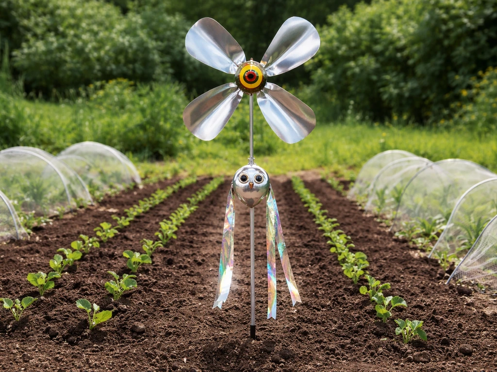 Windmill-style bird scarer with rotating reflective paddles in a garden protecting young seedlings.