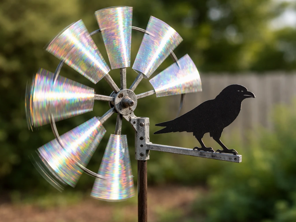 Close-up of an upgraded windmill-style scarer with reflective tape strips and a predator cutout on an added arm