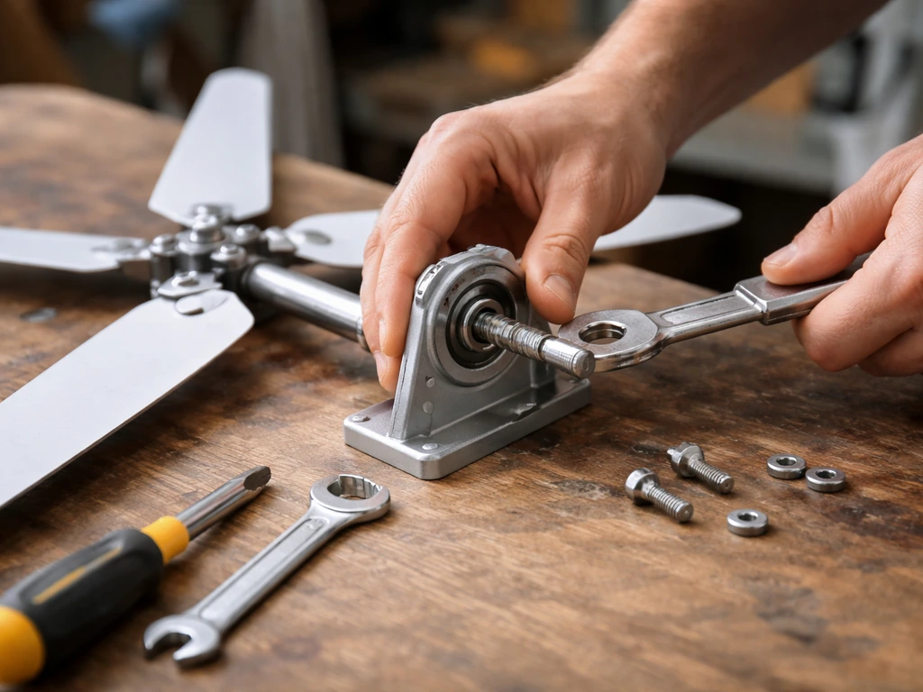 Hands adjusting a windmill axle with a loose bearing mount and tools visible