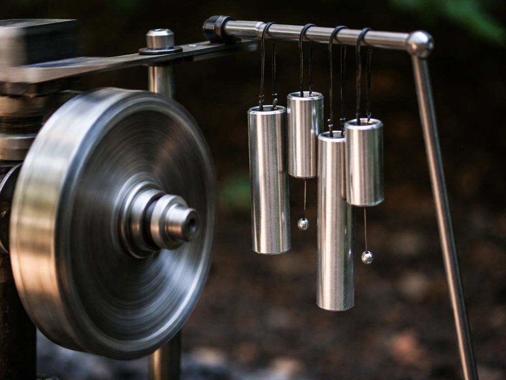 Close-up of hollow aluminum bells and wind chimes near a spinning mechanism, slightly decoupled, in natural light.