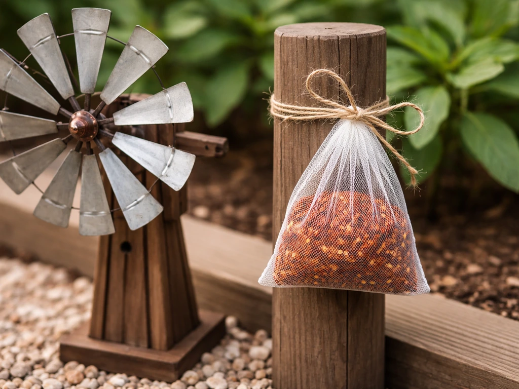 Small mesh bag with dried hot pepper flakes tied near a small outdoor windmill, safe distance from moving parts.