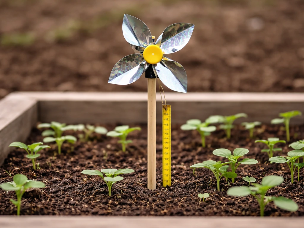 Windmill garden scare device mounted above a raised bed with a tape measure indicating 12–18 inch height.