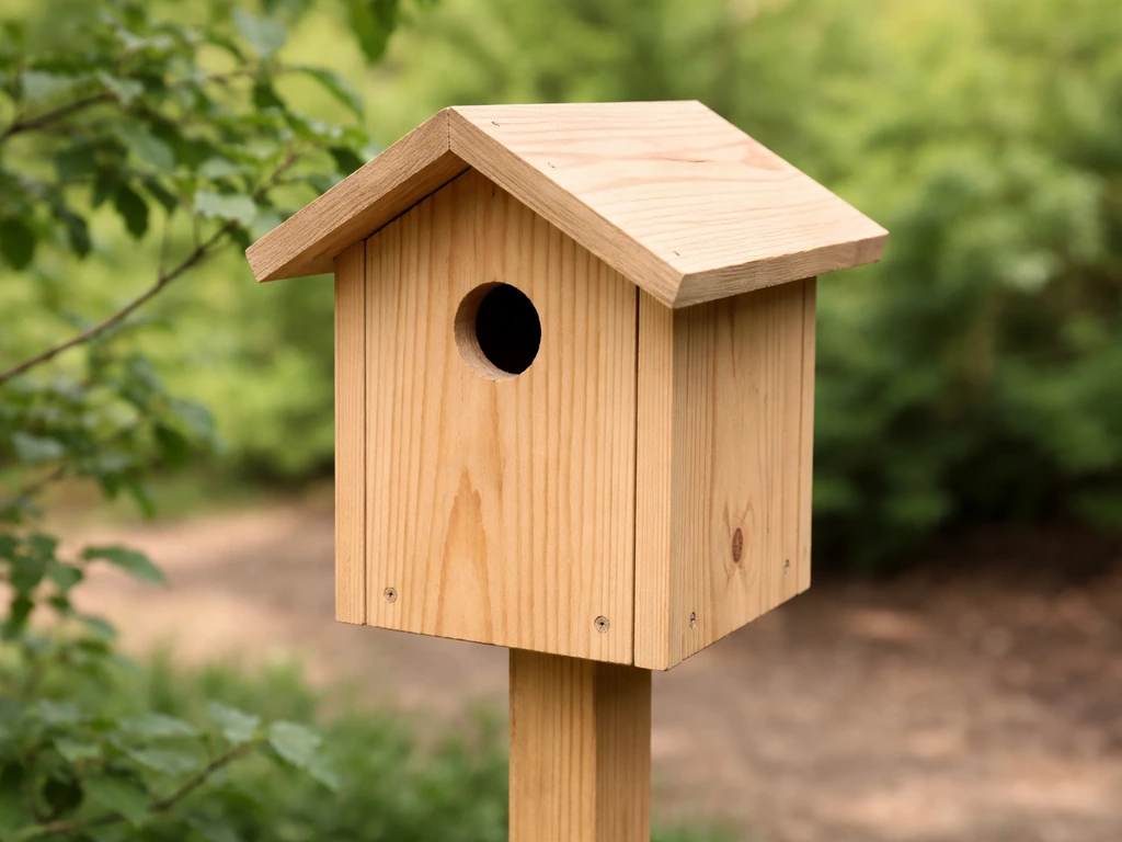 Natural untreated wooden birdhouse mounted in a garden, clearly showing a welcoming entrance.