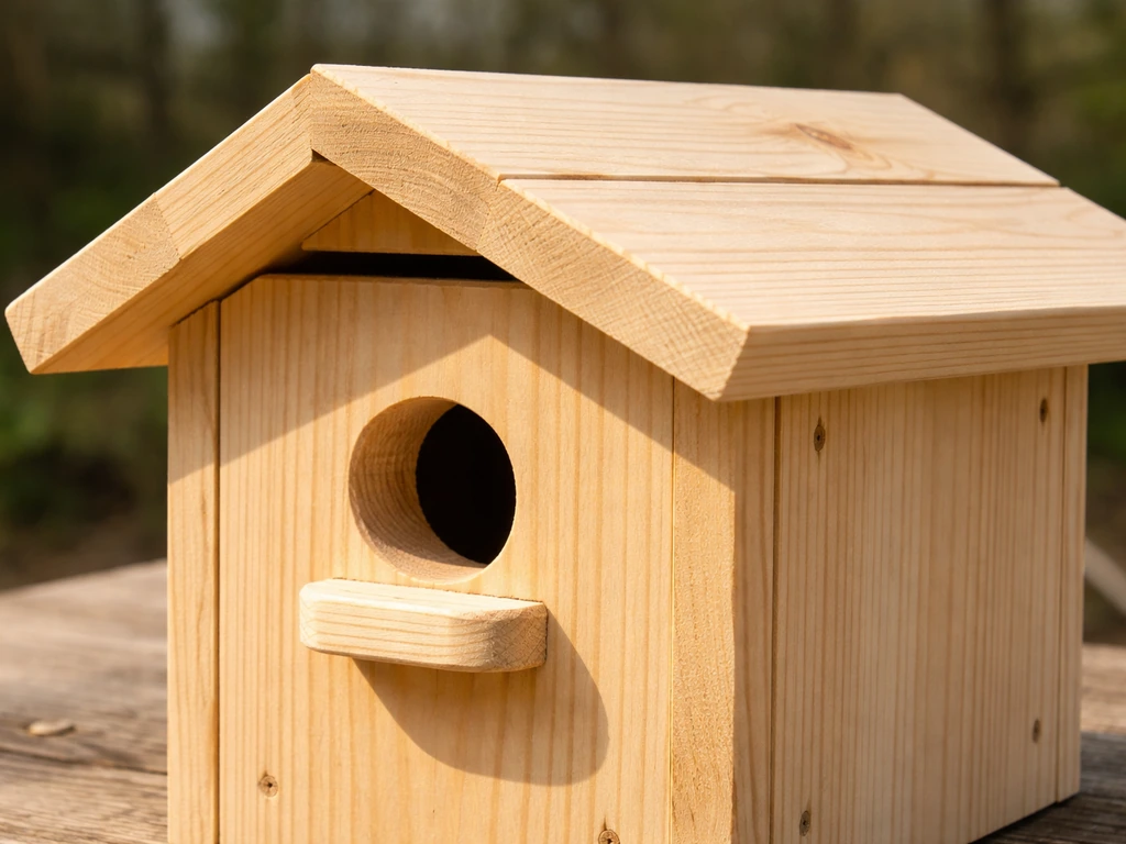 Close-up of an untreated natural-wood birdhouse showing ventilation and a predator-safe entrance detail.